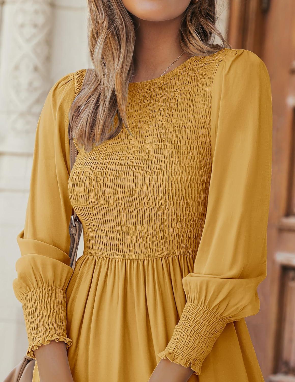 imageZESICA Womens Casual Long Sleeve Crew Neck High Waist Smocked Flowy Tiered Midi DressGinger