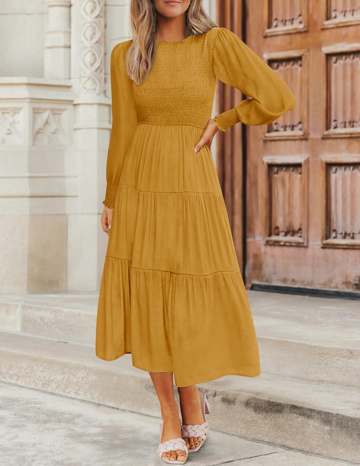 imageZESICA Womens Casual Long Sleeve Crew Neck High Waist Smocked Flowy Tiered Midi DressGinger