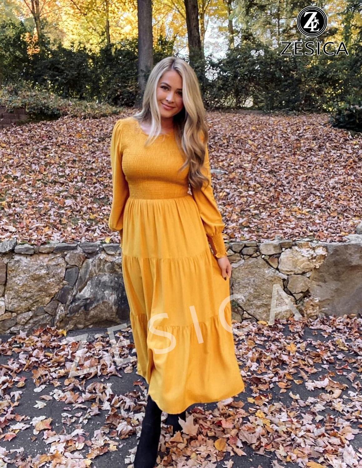 imageZESICA Womens Casual Long Sleeve Crew Neck High Waist Smocked Flowy Tiered Midi DressGinger