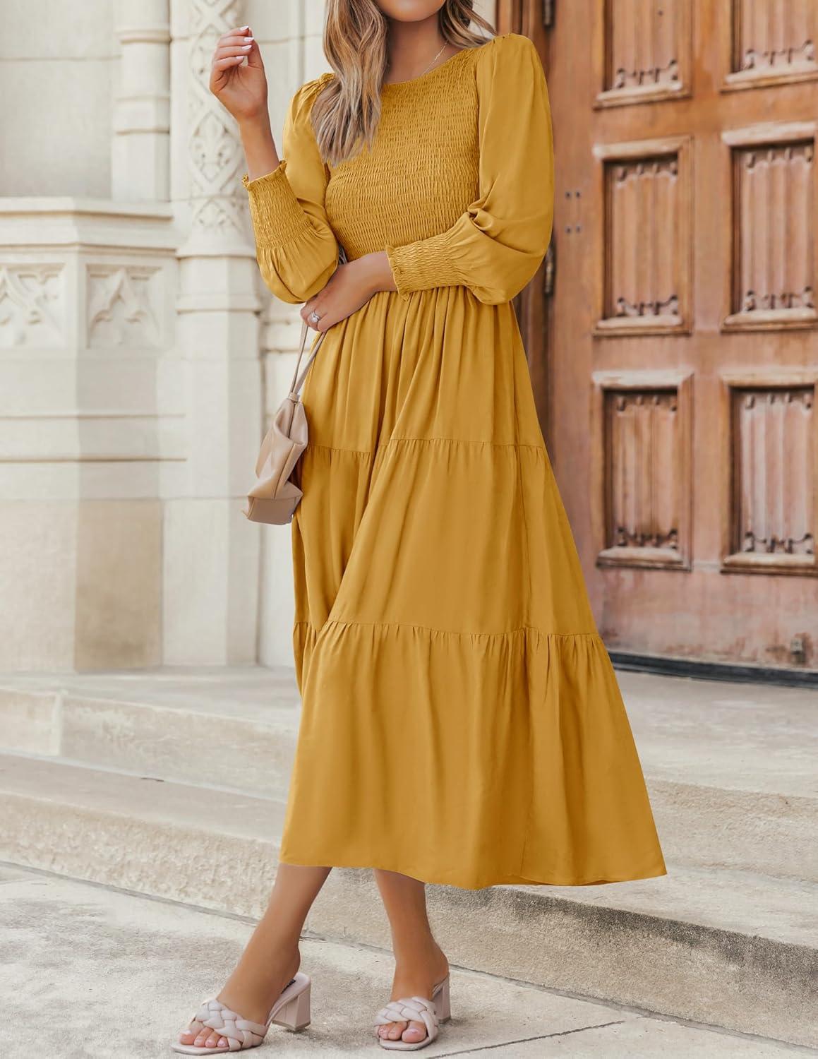 imageZESICA Womens Casual Long Sleeve Crew Neck High Waist Smocked Flowy Tiered Midi DressGinger
