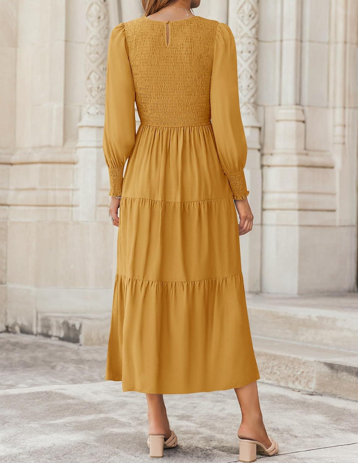 imageZESICA Womens Casual Long Sleeve Crew Neck High Waist Smocked Flowy Tiered Midi DressGinger