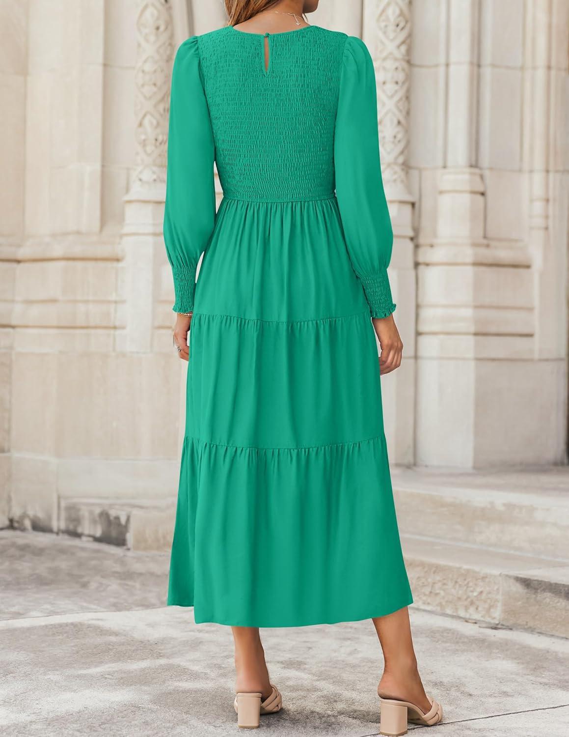 imageZESICA Womens Casual Long Sleeve Crew Neck High Waist Smocked Flowy Tiered Midi DressGreen