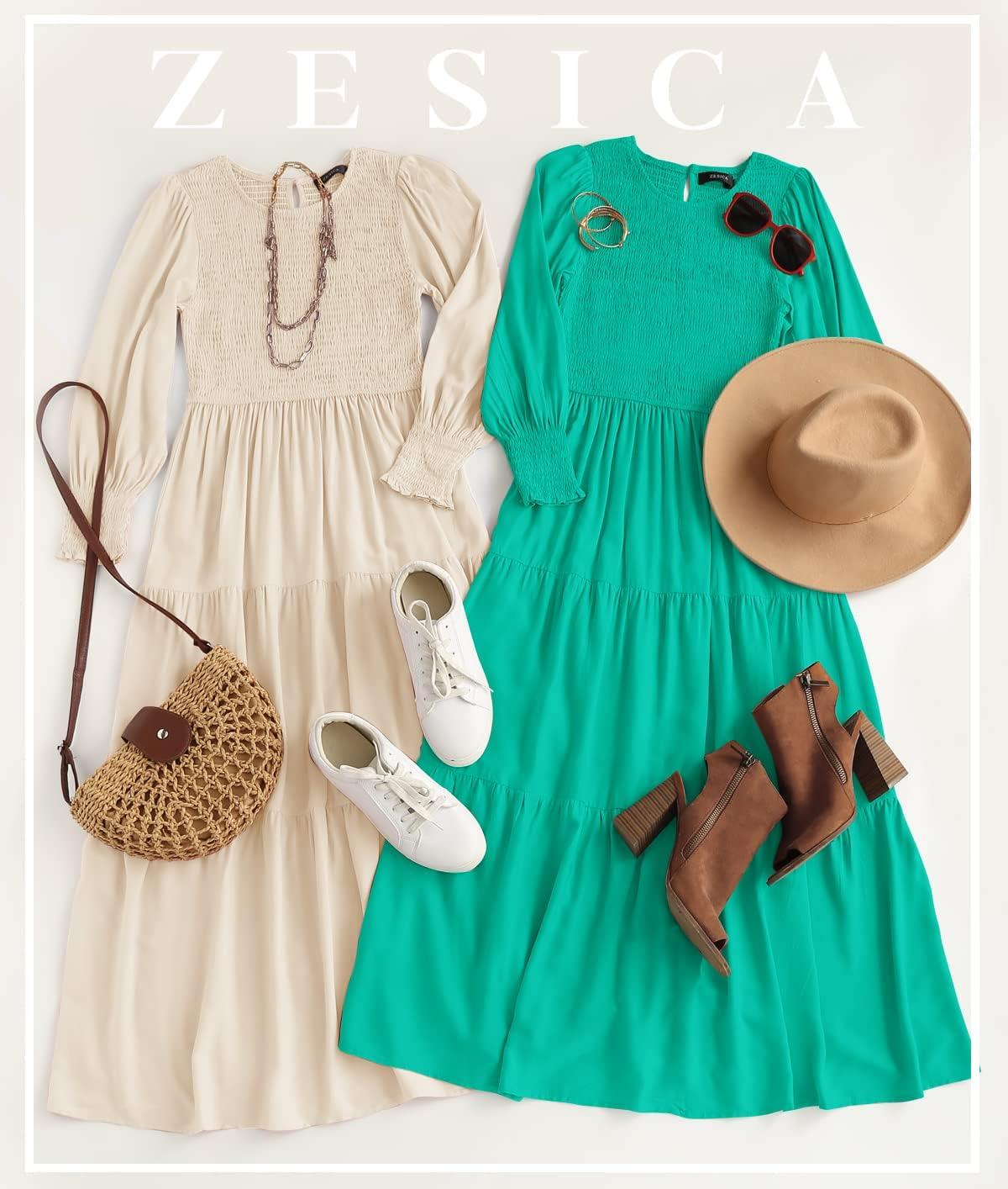 imageZESICA Womens Casual Long Sleeve Crew Neck High Waist Smocked Flowy Tiered Midi DressGreen