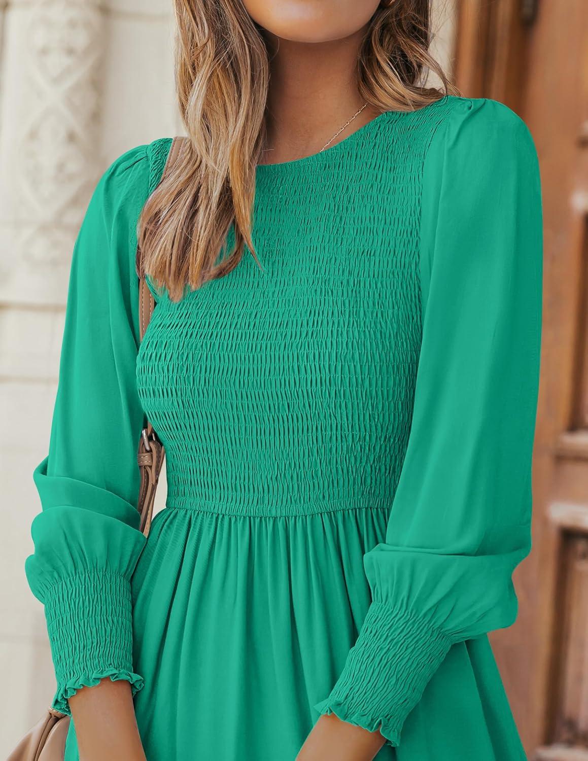 imageZESICA Womens Casual Long Sleeve Crew Neck High Waist Smocked Flowy Tiered Midi DressGreen