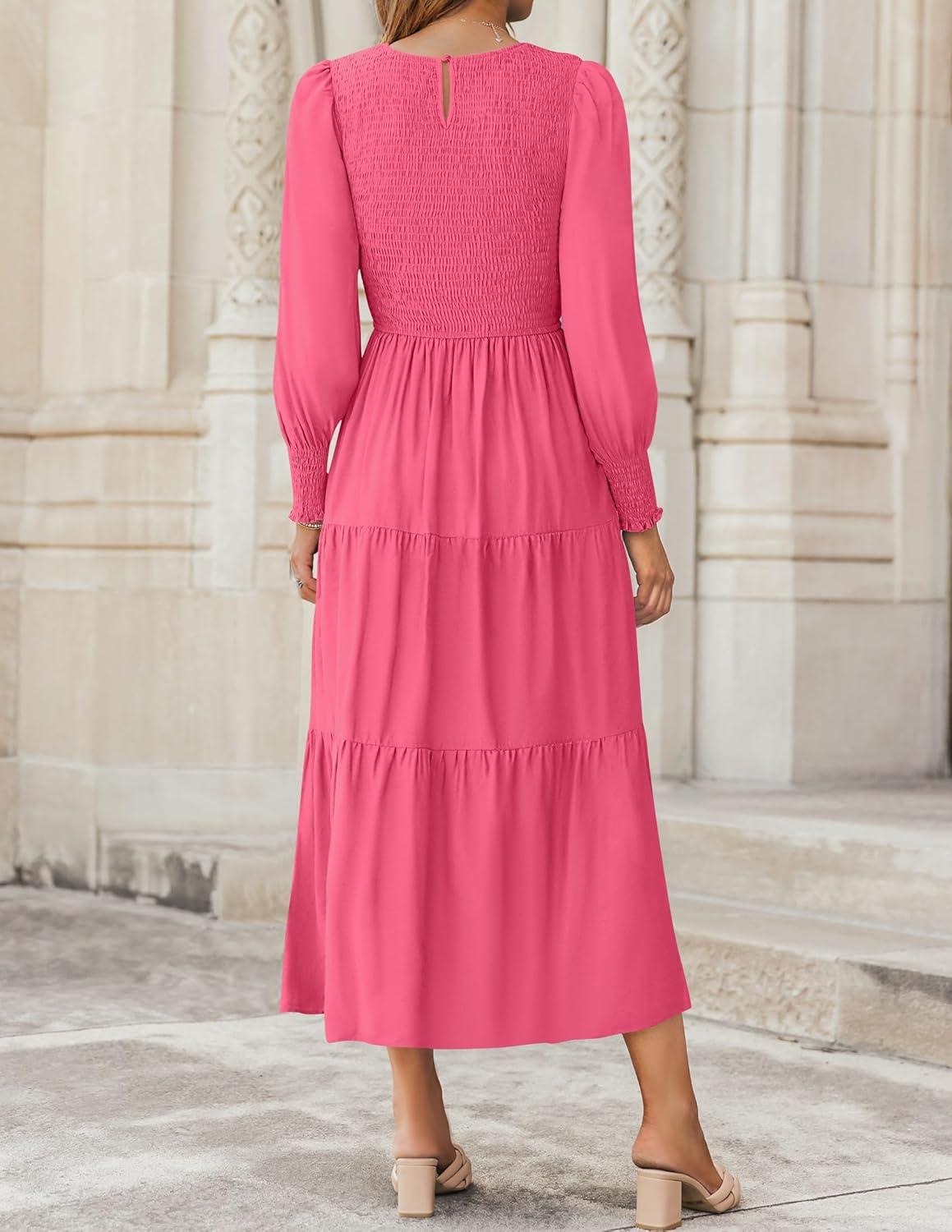 imageZESICA Womens Casual Long Sleeve Crew Neck High Waist Smocked Flowy Tiered Midi DressHotpink