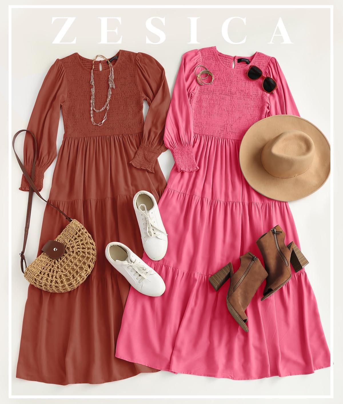 imageZESICA Womens Casual Long Sleeve Crew Neck High Waist Smocked Flowy Tiered Midi DressHotpink