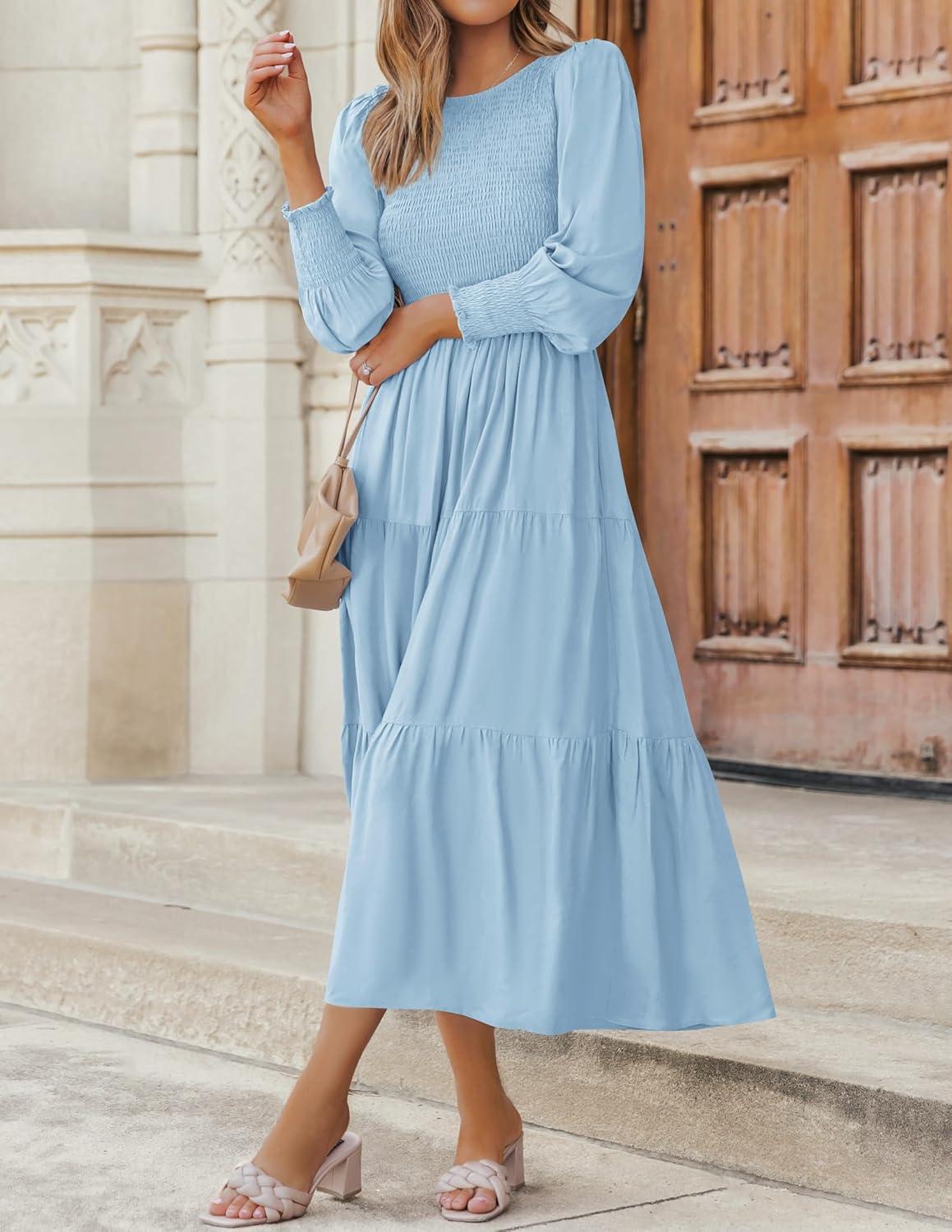 imageZESICA Womens Casual Long Sleeve Crew Neck High Waist Smocked Flowy Tiered Midi DressLightblue