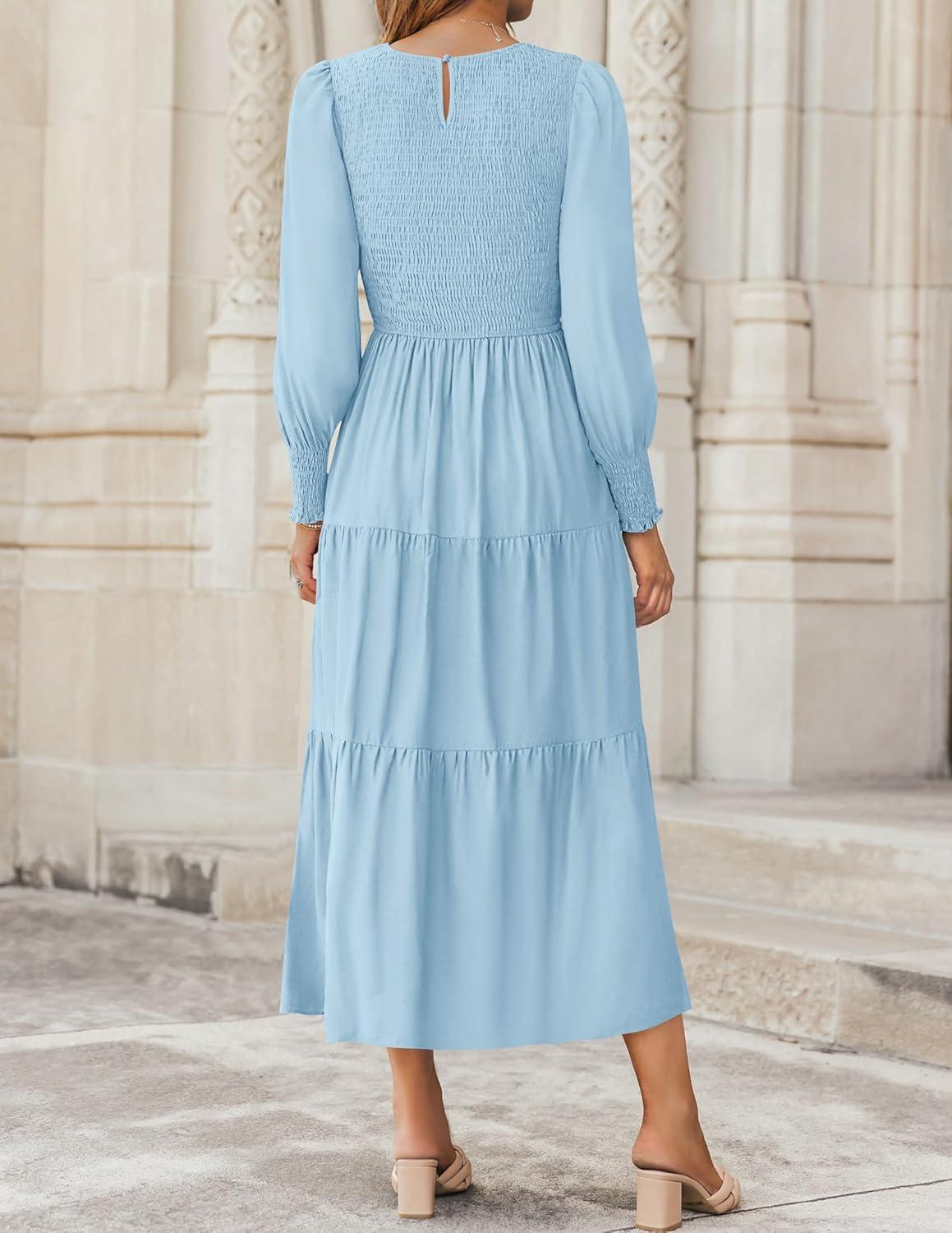 imageZESICA Womens Casual Long Sleeve Crew Neck High Waist Smocked Flowy Tiered Midi DressLightblue