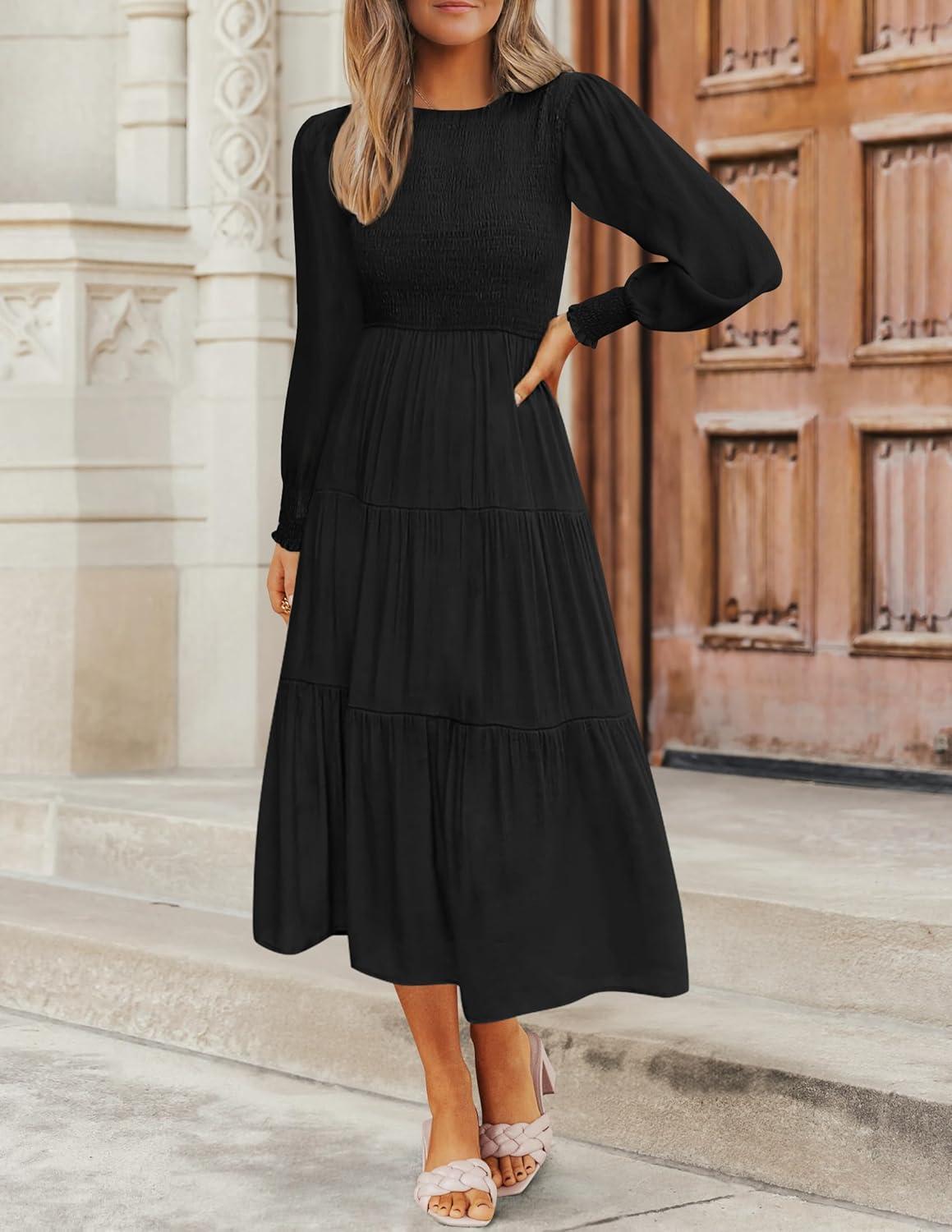 imageZESICA Womens Casual Long Sleeve Crew Neck High Waist Smocked Flowy Tiered Midi DressPureblack