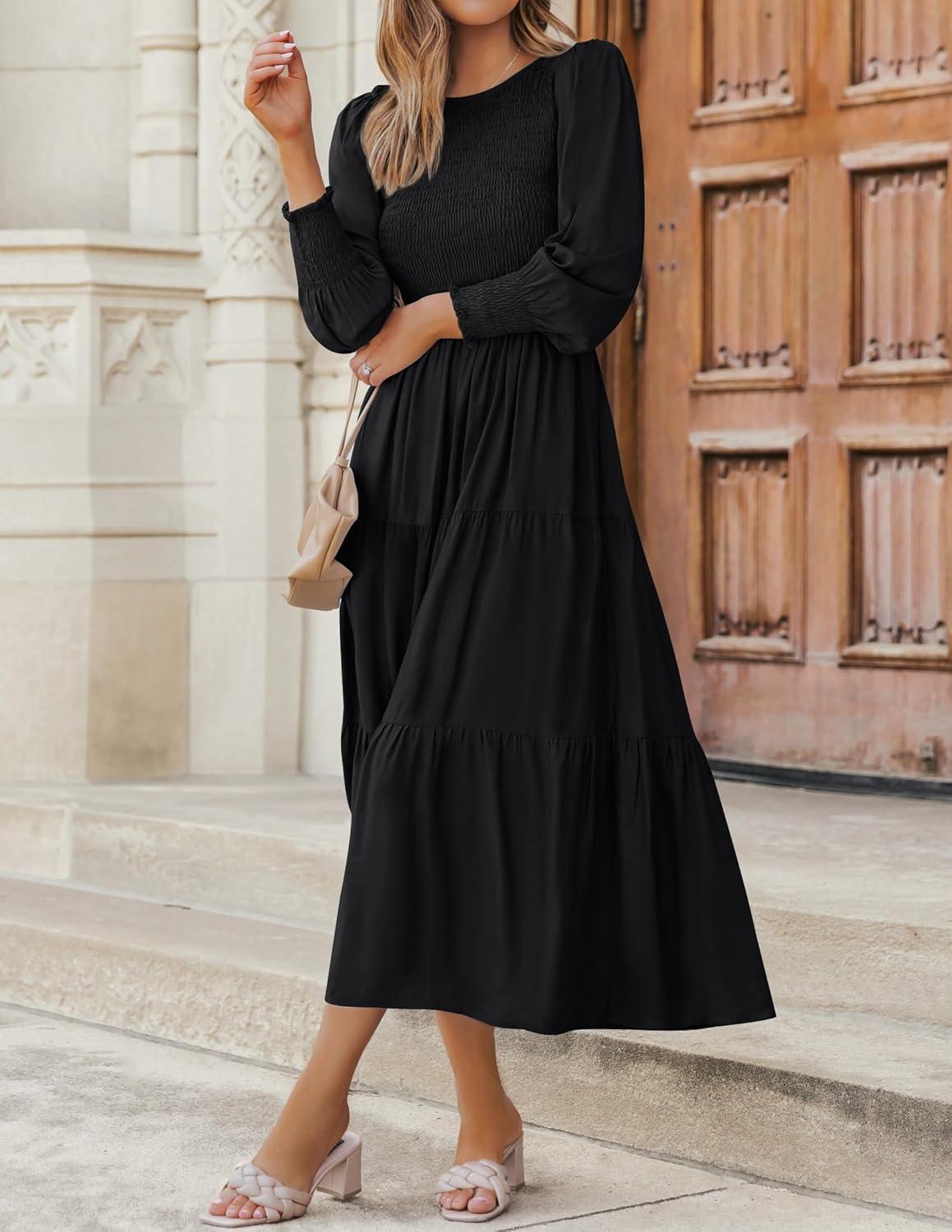 imageZESICA Womens Casual Long Sleeve Crew Neck High Waist Smocked Flowy Tiered Midi DressPureblack