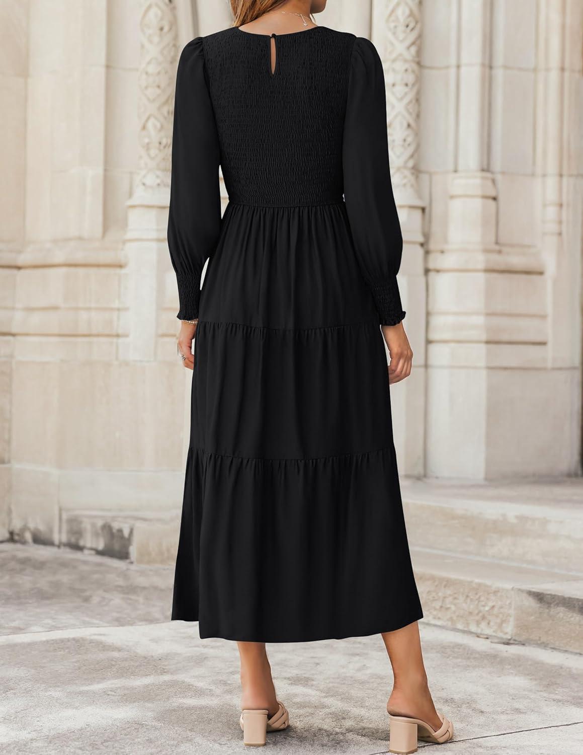 imageZESICA Womens Casual Long Sleeve Crew Neck High Waist Smocked Flowy Tiered Midi DressPureblack