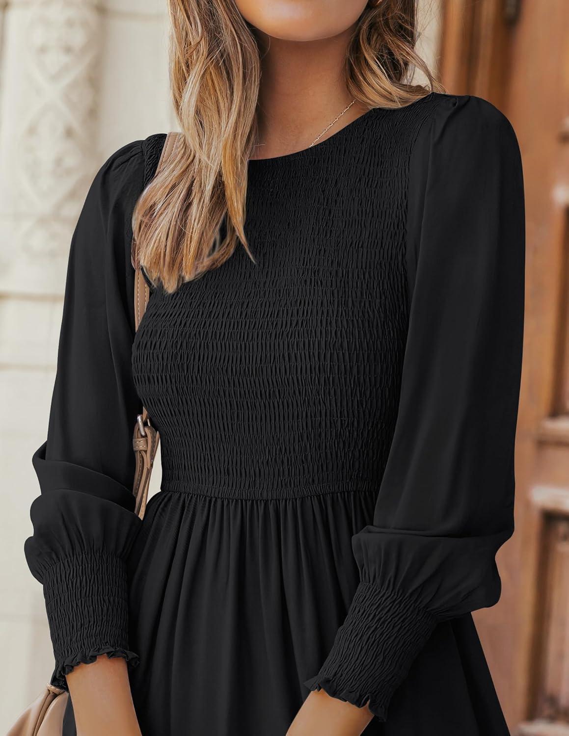 imageZESICA Womens Casual Long Sleeve Crew Neck High Waist Smocked Flowy Tiered Midi DressPureblack