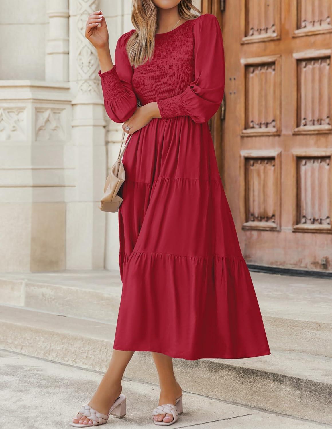 imageZESICA Womens Casual Long Sleeve Crew Neck High Waist Smocked Flowy Tiered Midi DressRed