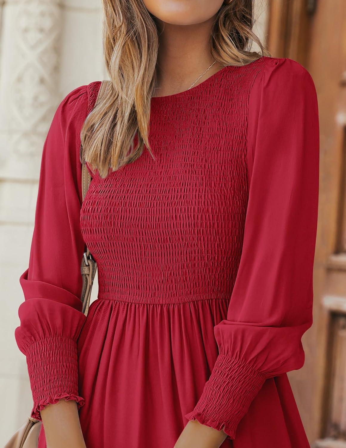 imageZESICA Womens Casual Long Sleeve Crew Neck High Waist Smocked Flowy Tiered Midi DressRed