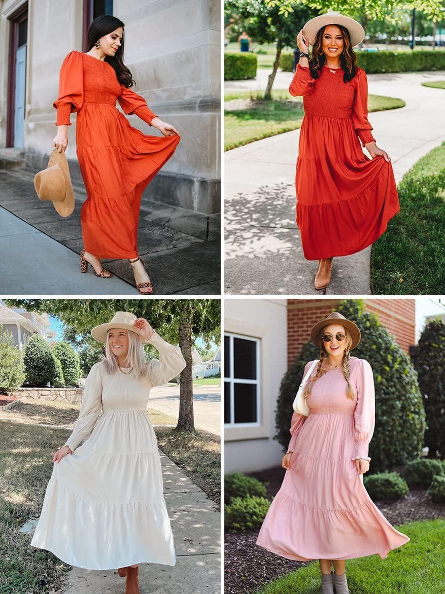 imageZESICA Womens Casual Long Sleeve Crew Neck High Waist Smocked Flowy Tiered Midi DressRed
