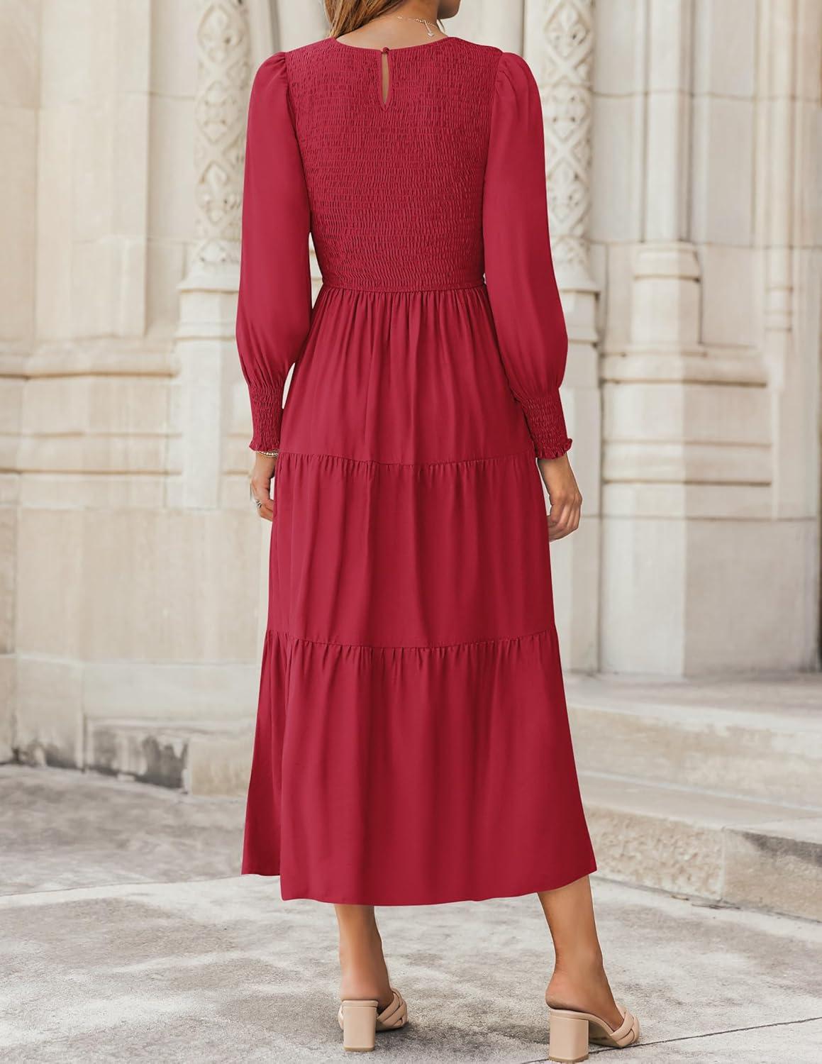 imageZESICA Womens Casual Long Sleeve Crew Neck High Waist Smocked Flowy Tiered Midi DressRed