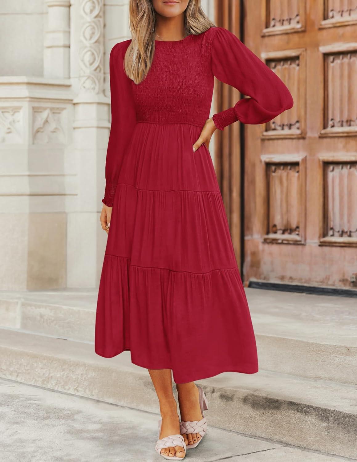 imageZESICA Womens Casual Long Sleeve Crew Neck High Waist Smocked Flowy Tiered Midi DressRed