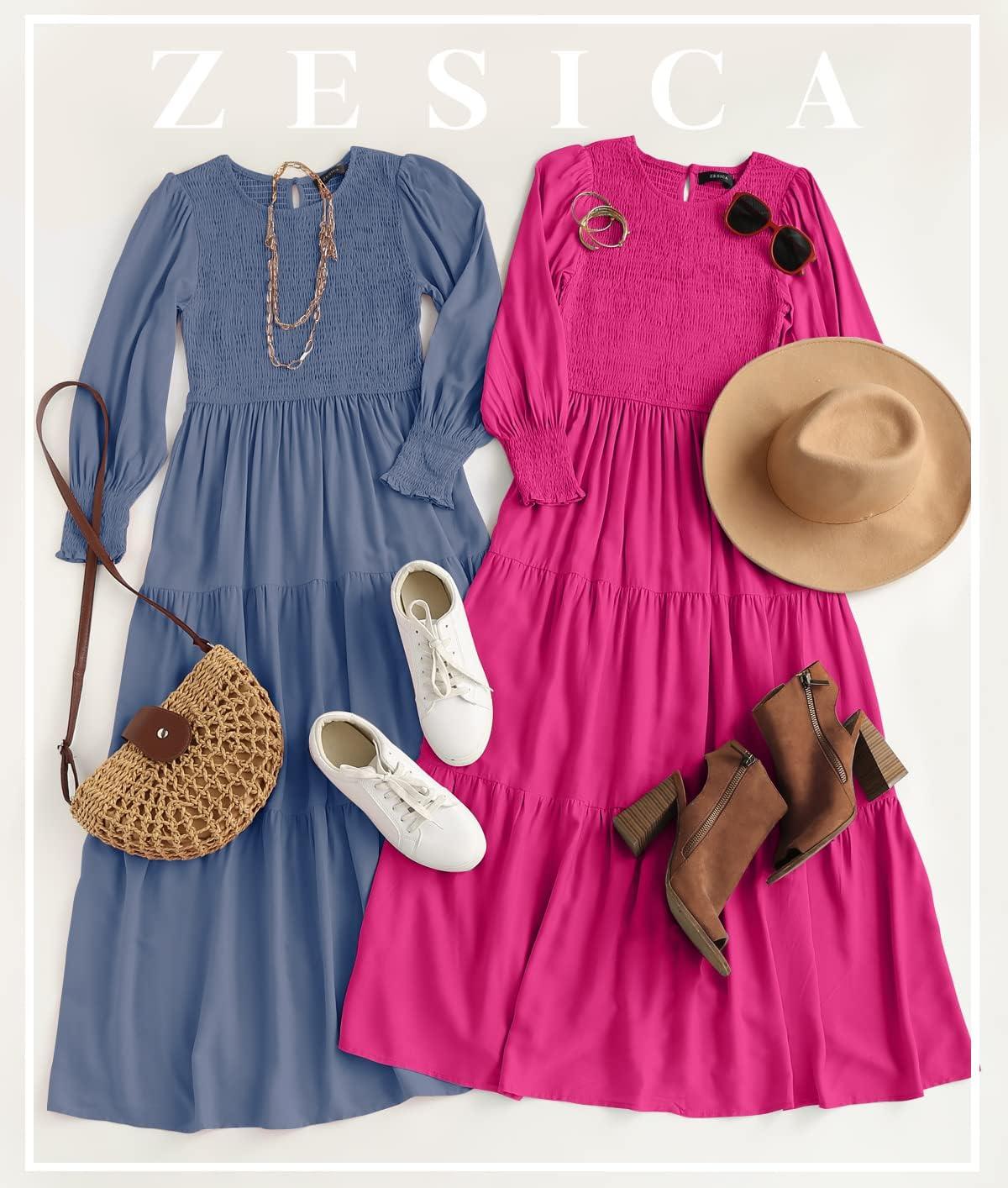 imageZESICA Womens Casual Long Sleeve Crew Neck High Waist Smocked Flowy Tiered Midi DressRose