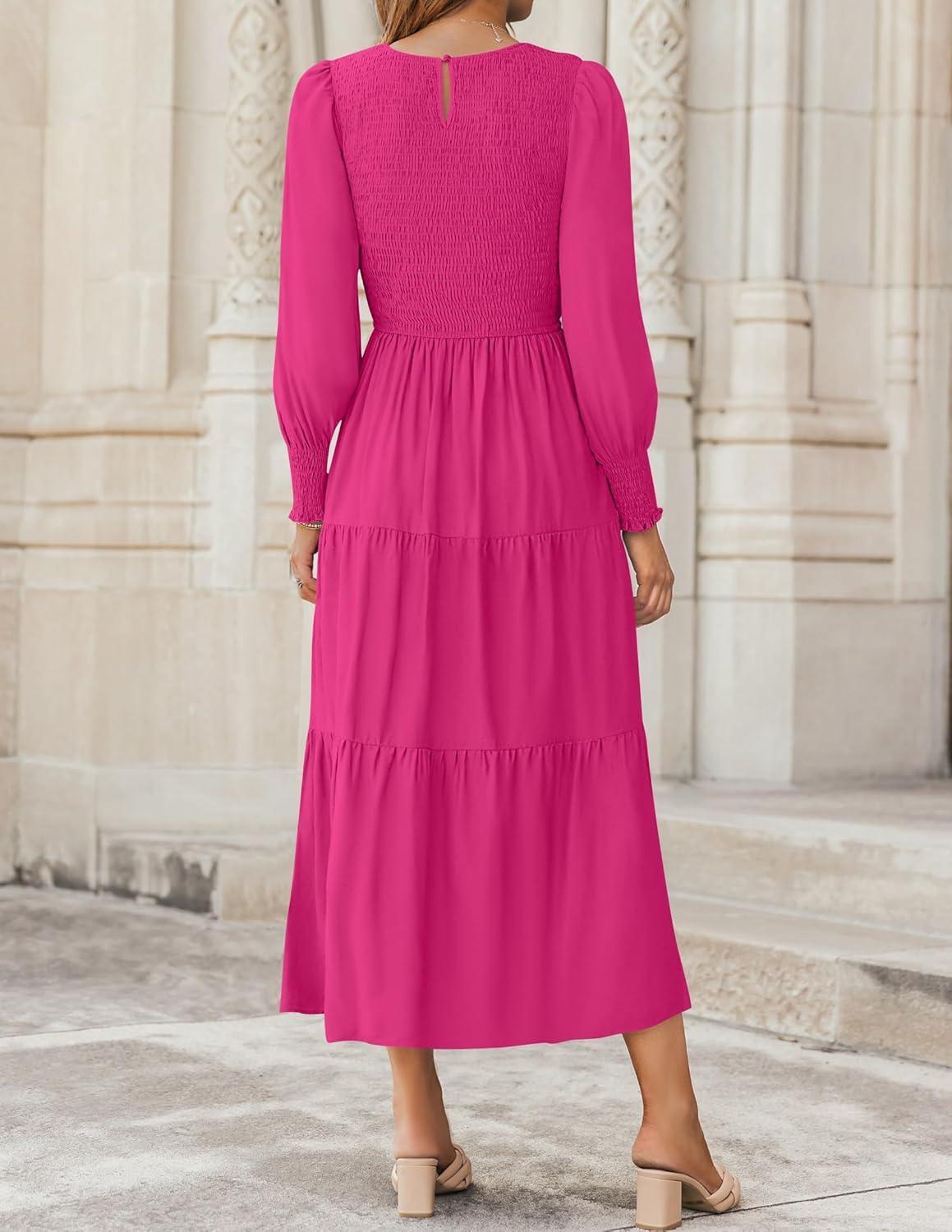 imageZESICA Womens Casual Long Sleeve Crew Neck High Waist Smocked Flowy Tiered Midi DressRose