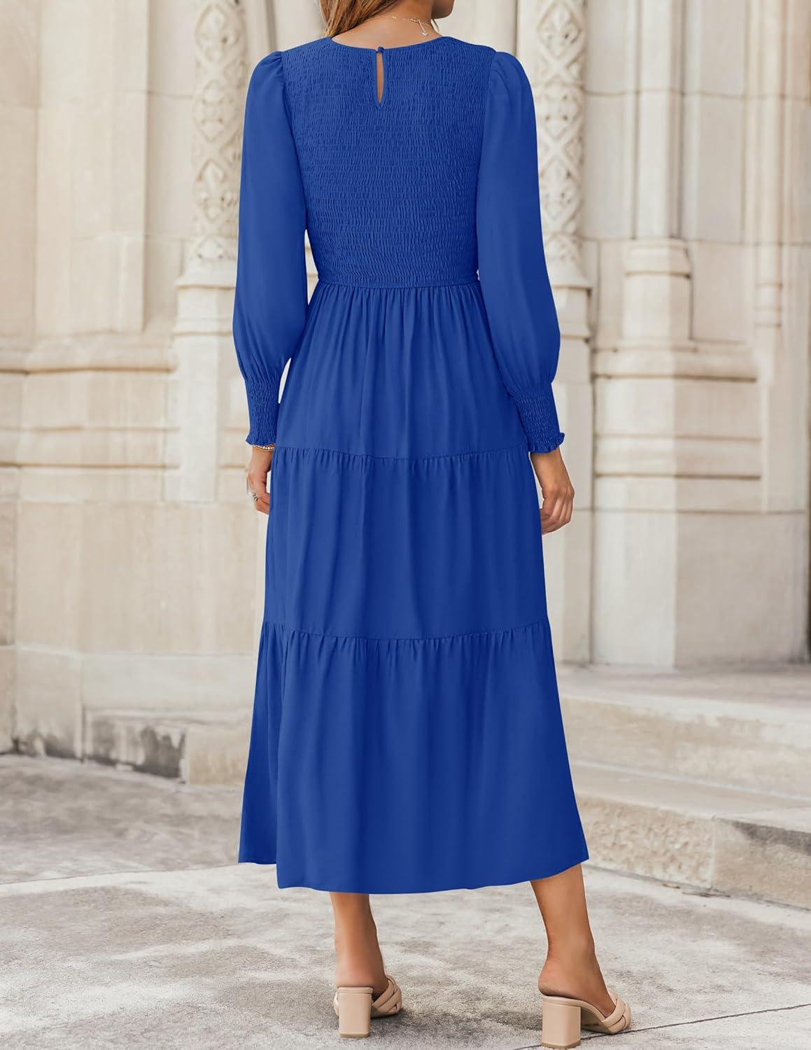 imageZESICA Womens Casual Long Sleeve Crew Neck High Waist Smocked Flowy Tiered Midi DressRoyalblue