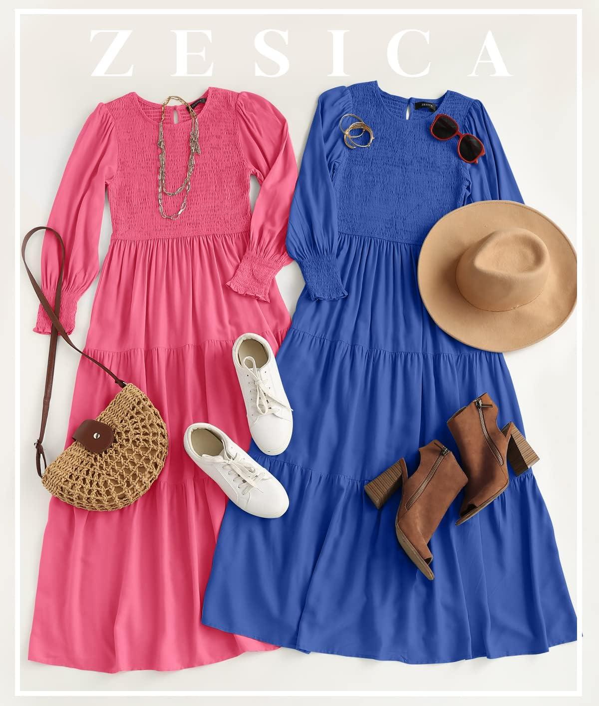 imageZESICA Womens Casual Long Sleeve Crew Neck High Waist Smocked Flowy Tiered Midi DressRoyalblue