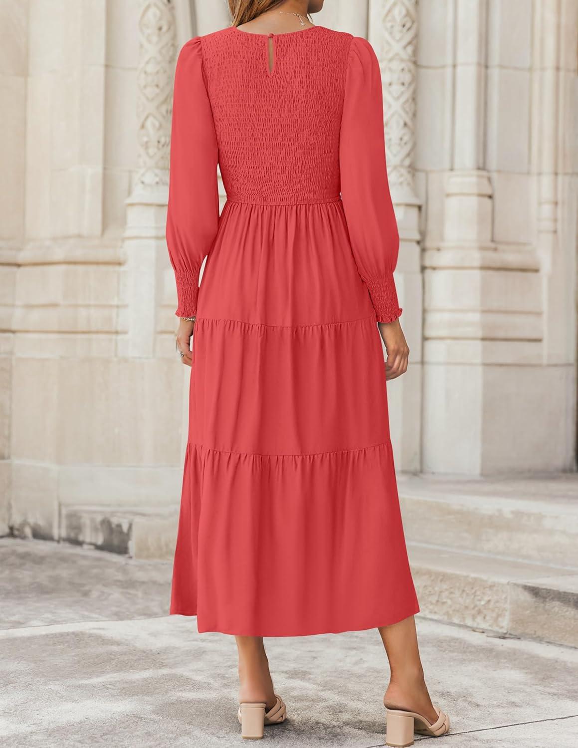 imageZESICA Womens Casual Long Sleeve Crew Neck High Waist Smocked Flowy Tiered Midi DressWatermelonred
