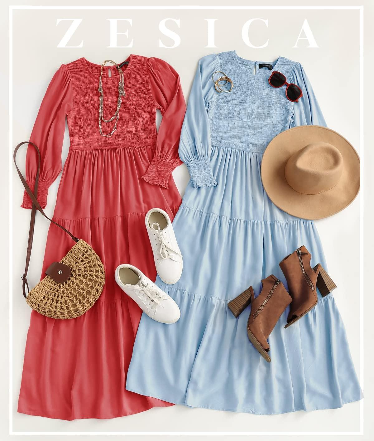 imageZESICA Womens Casual Long Sleeve Crew Neck High Waist Smocked Flowy Tiered Midi DressWatermelonred