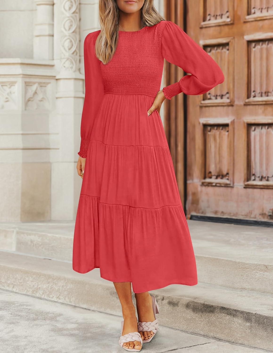 imageZESICA Womens Casual Long Sleeve Crew Neck High Waist Smocked Flowy Tiered Midi DressWatermelonred