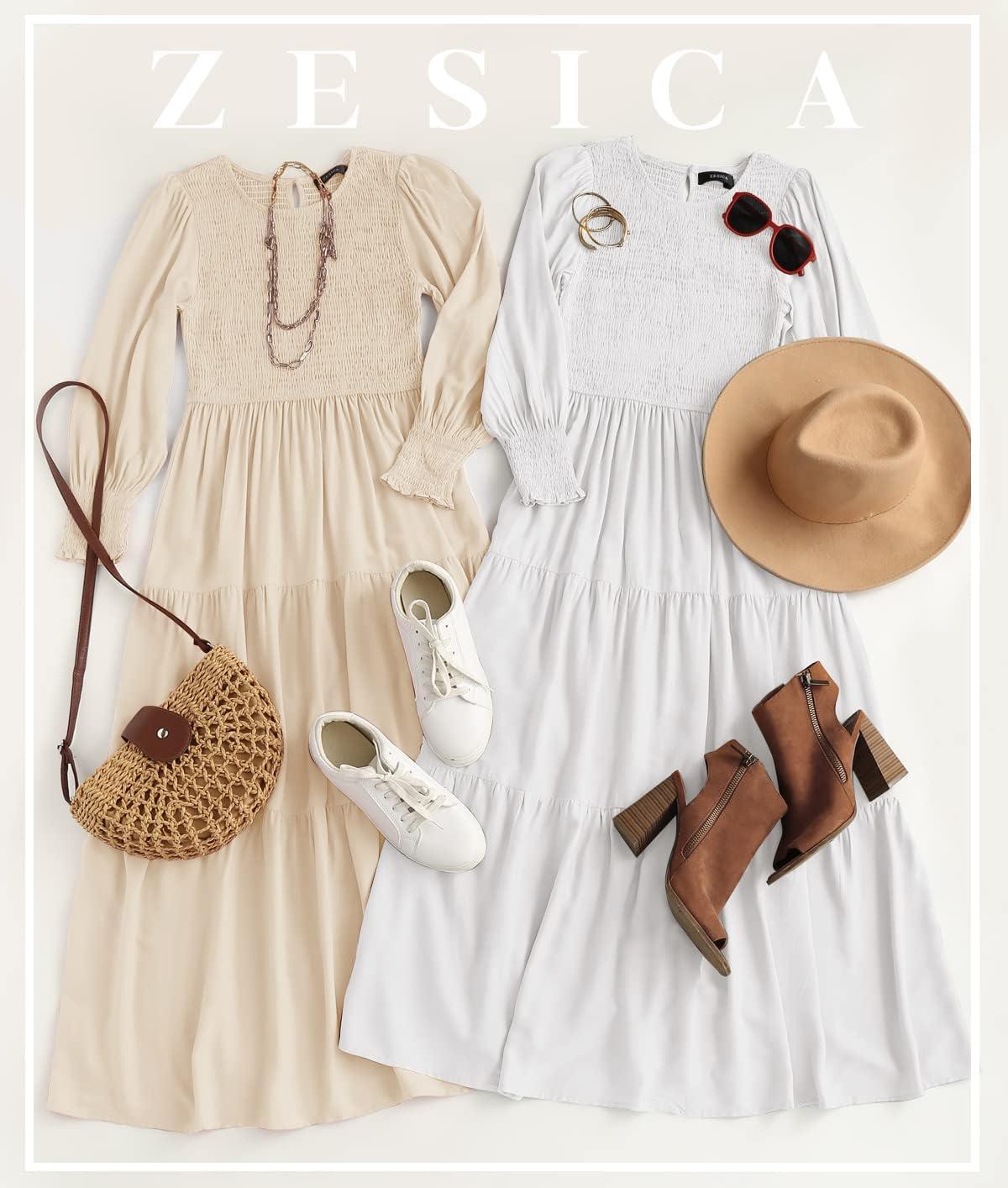 imageZESICA Womens Casual Long Sleeve Crew Neck High Waist Smocked Flowy Tiered Midi DressWhite