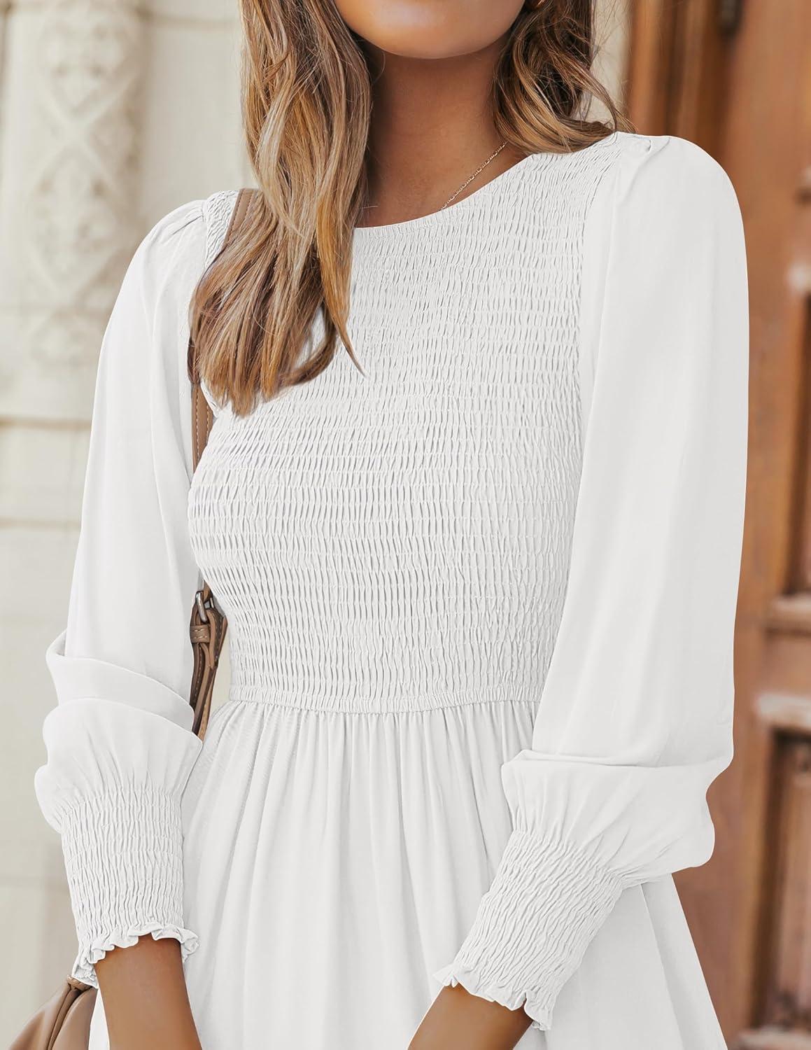 imageZESICA Womens Casual Long Sleeve Crew Neck High Waist Smocked Flowy Tiered Midi DressWhite