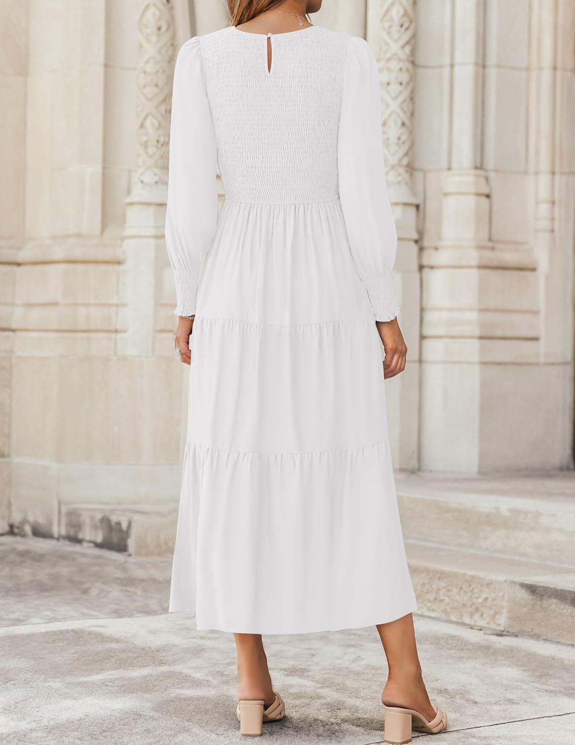 imageZESICA Womens Casual Long Sleeve Crew Neck High Waist Smocked Flowy Tiered Midi DressWhite