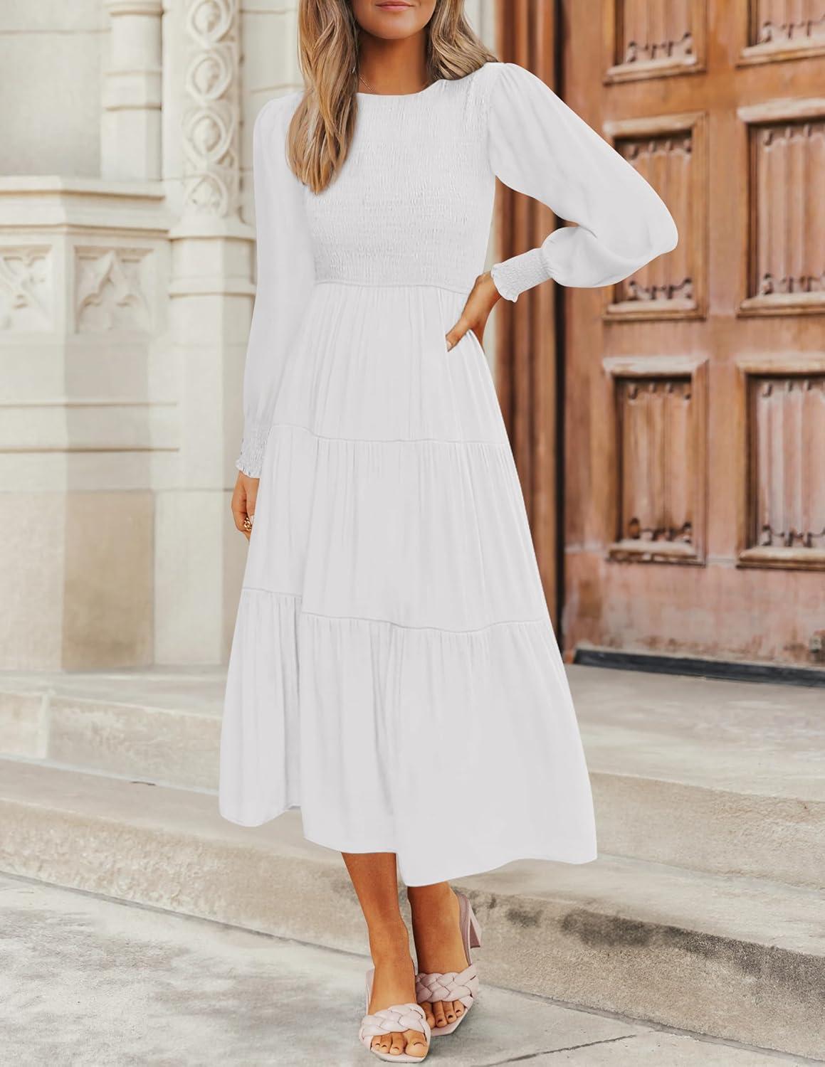 imageZESICA Womens Casual Long Sleeve Crew Neck High Waist Smocked Flowy Tiered Midi DressWhite