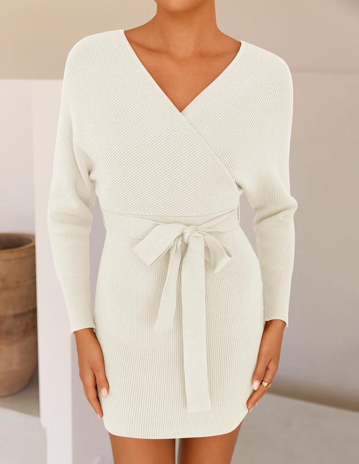imageZESICA Womens Fall Long Batwing Sleeve Wrap V Neck Knitted Backless Bodycon Pullover Sweater Dress with BeltApricot