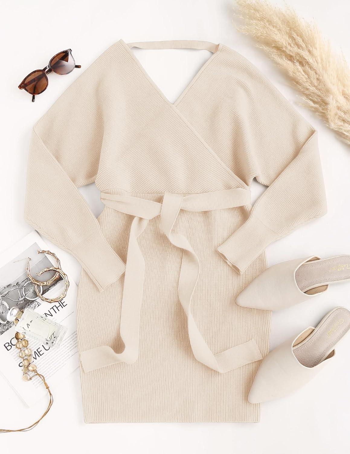 imageZESICA Womens Fall Long Batwing Sleeve Wrap V Neck Knitted Backless Bodycon Pullover Sweater Dress with BeltBeige