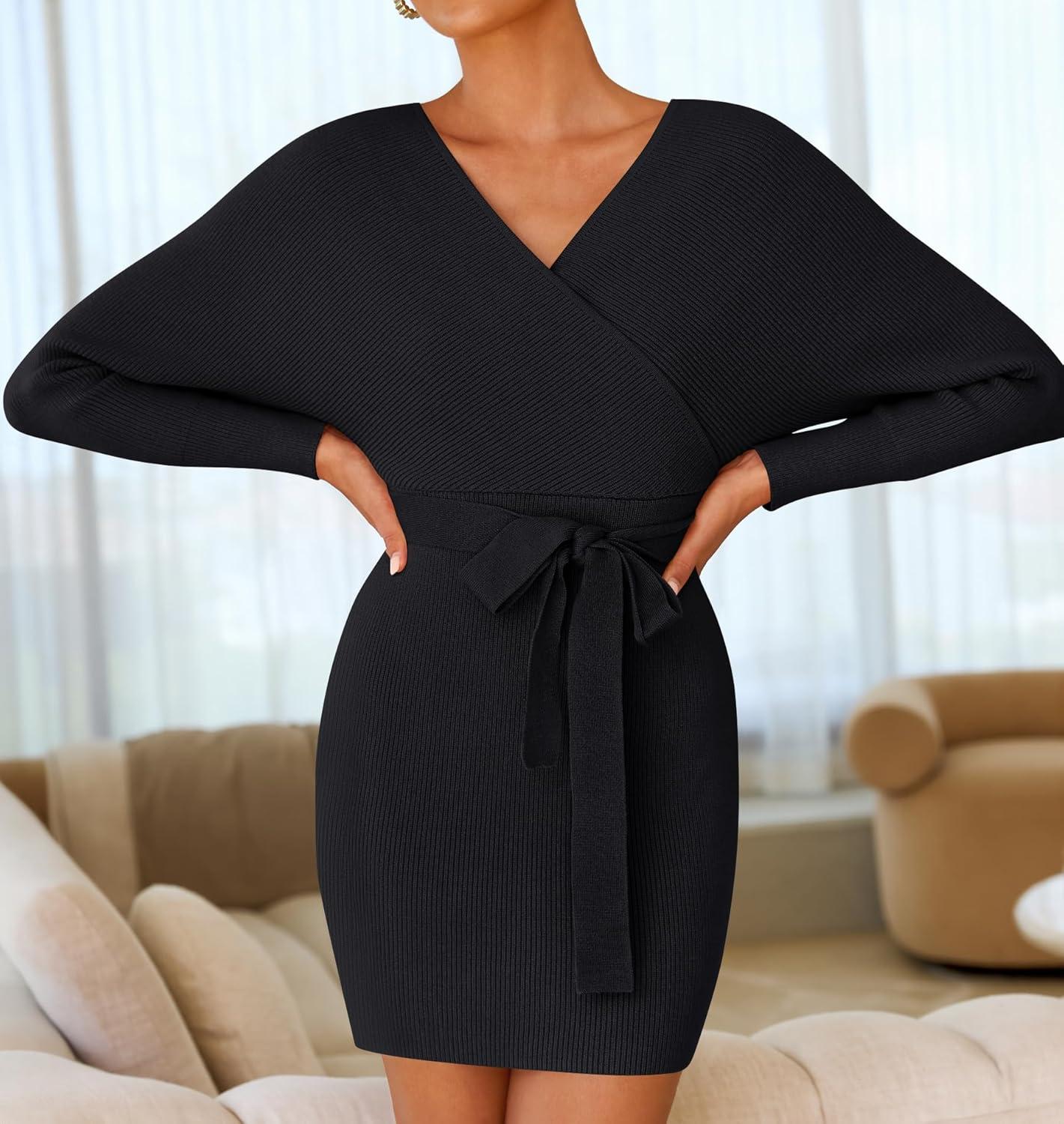 imageZESICA Womens Fall Long Batwing Sleeve Wrap V Neck Knitted Backless Bodycon Pullover Sweater Dress with BeltBlack