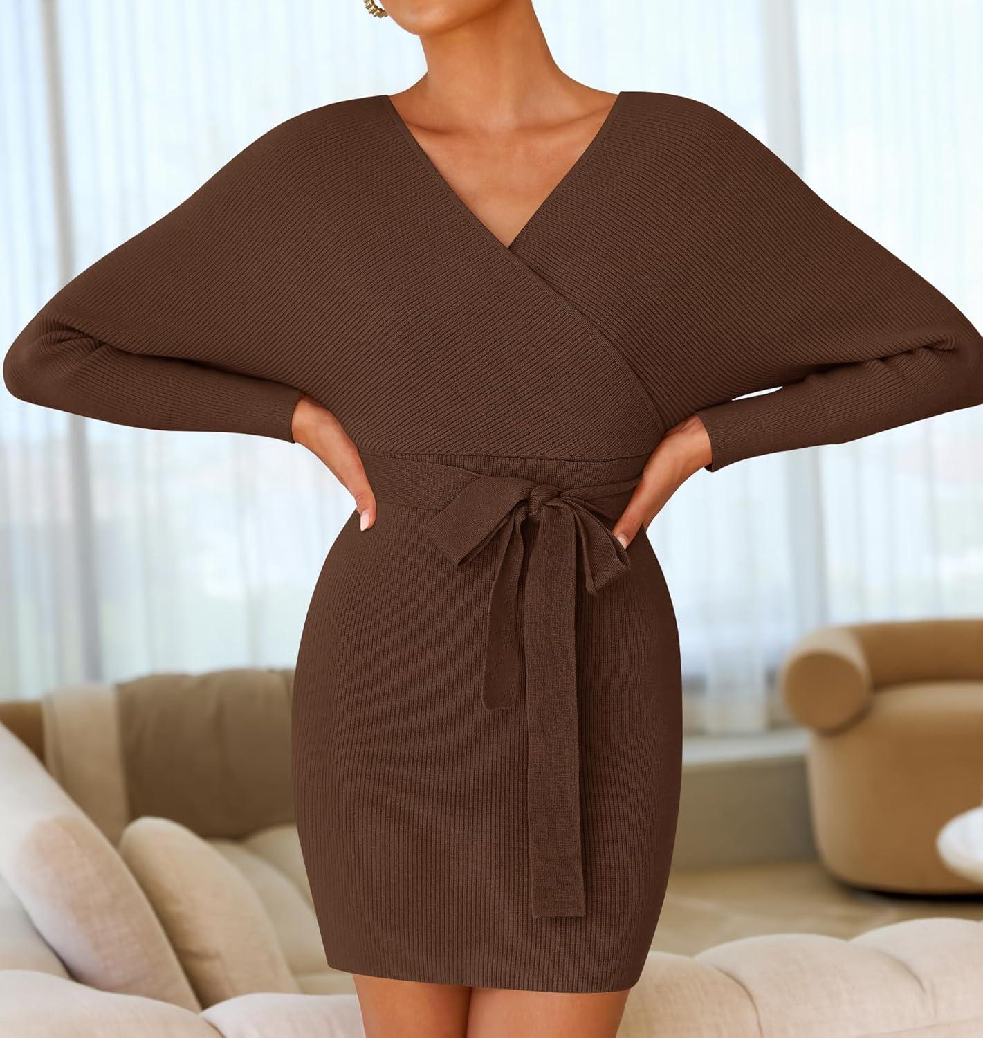 imageZESICA Womens Fall Long Batwing Sleeve Wrap V Neck Knitted Backless Bodycon Pullover Sweater Dress with BeltBrown