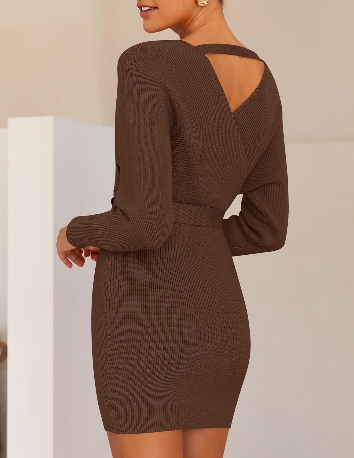 imageZESICA Womens Fall Long Batwing Sleeve Wrap V Neck Knitted Backless Bodycon Pullover Sweater Dress with BeltBrown