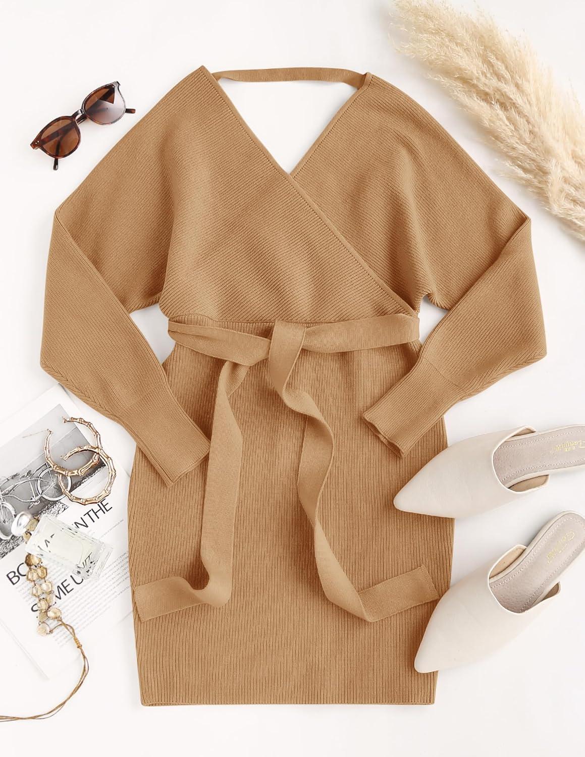 imageZESICA Womens Fall Long Batwing Sleeve Wrap V Neck Knitted Backless Bodycon Pullover Sweater Dress with BeltCamel