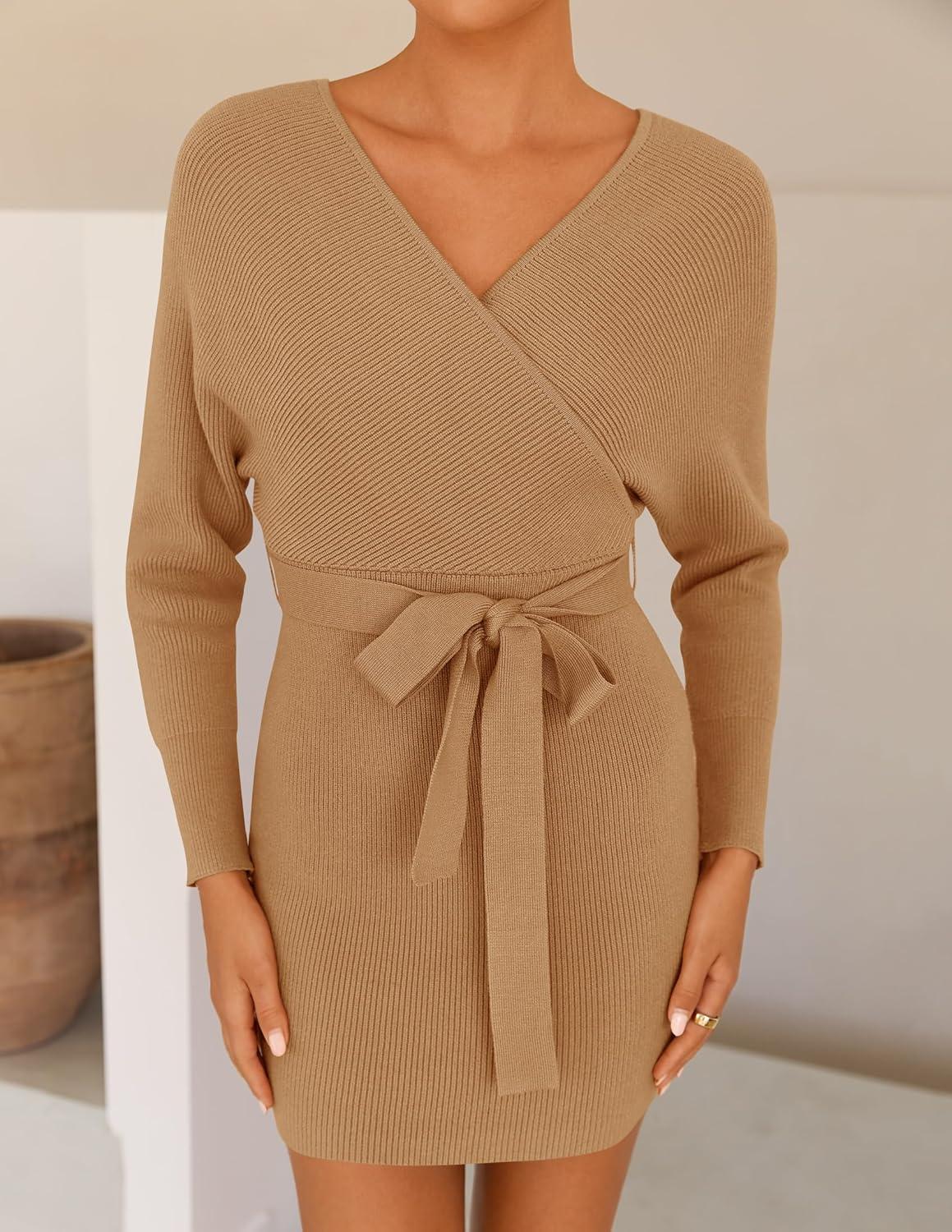 imageZESICA Womens Fall Long Batwing Sleeve Wrap V Neck Knitted Backless Bodycon Pullover Sweater Dress with BeltCamel