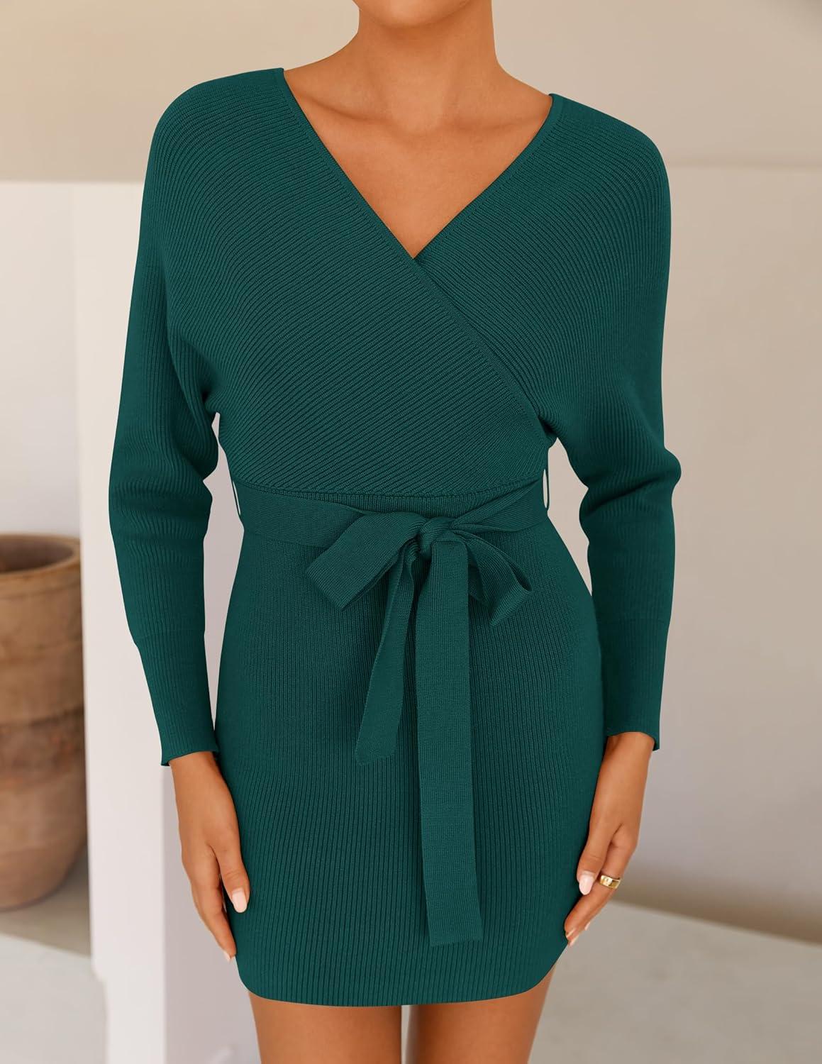 imageZESICA Womens Fall Long Batwing Sleeve Wrap V Neck Knitted Backless Bodycon Pullover Sweater Dress with BeltGreen