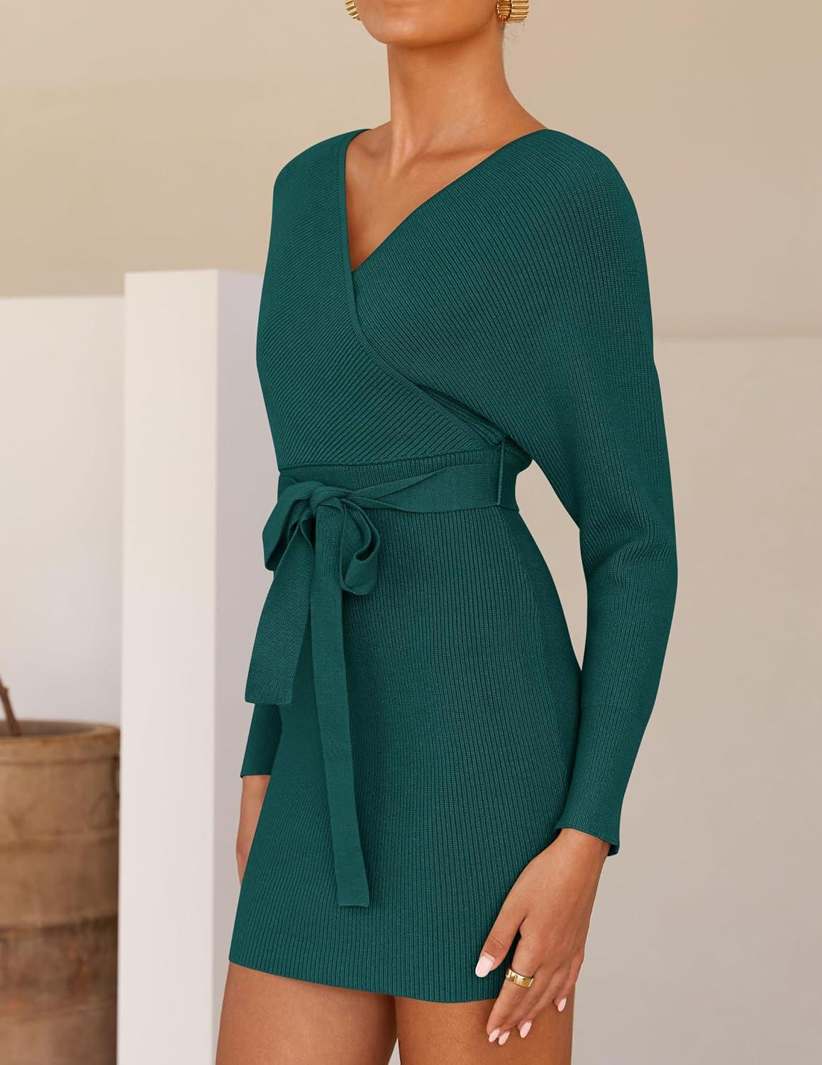 imageZESICA Womens Fall Long Batwing Sleeve Wrap V Neck Knitted Backless Bodycon Pullover Sweater Dress with BeltGreen