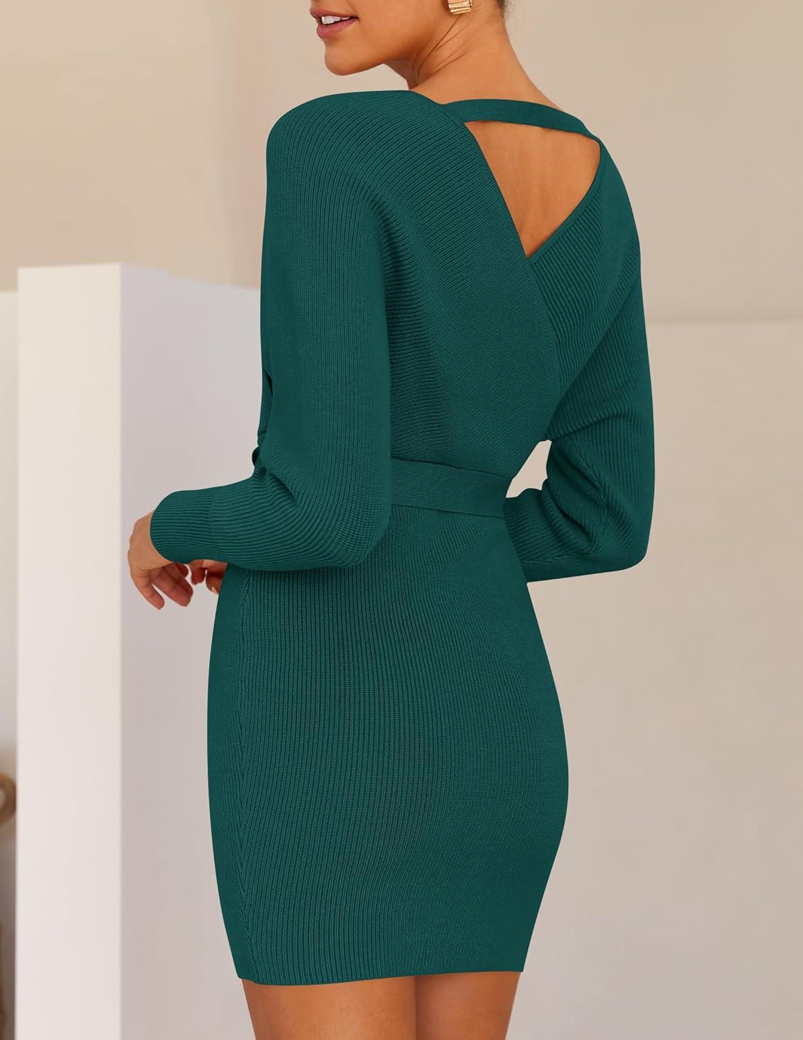 imageZESICA Womens Fall Long Batwing Sleeve Wrap V Neck Knitted Backless Bodycon Pullover Sweater Dress with BeltGreen