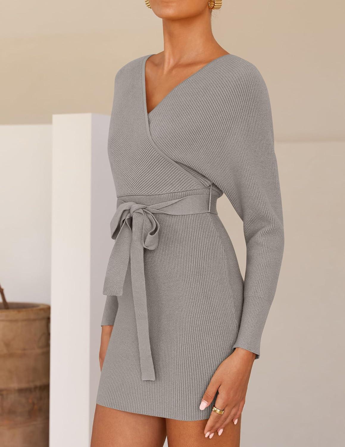 imageZESICA Womens Fall Long Batwing Sleeve Wrap V Neck Knitted Backless Bodycon Pullover Sweater Dress with BeltGrey