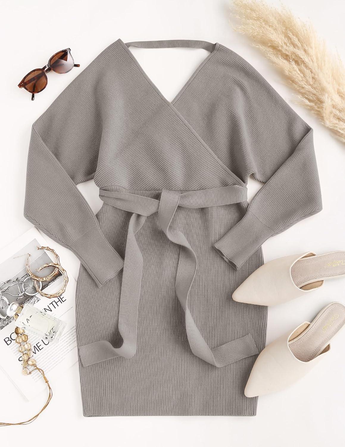 imageZESICA Womens Fall Long Batwing Sleeve Wrap V Neck Knitted Backless Bodycon Pullover Sweater Dress with BeltGrey