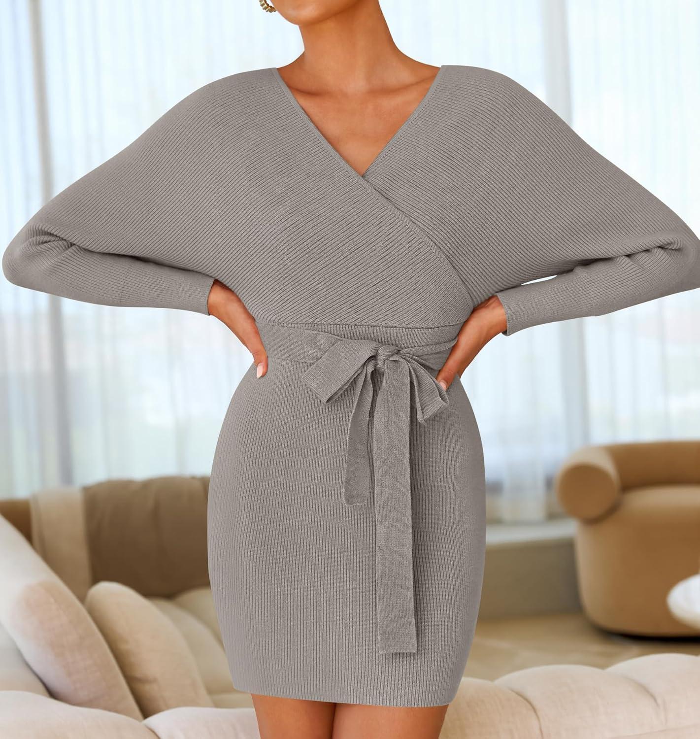 imageZESICA Womens Fall Long Batwing Sleeve Wrap V Neck Knitted Backless Bodycon Pullover Sweater Dress with BeltGrey