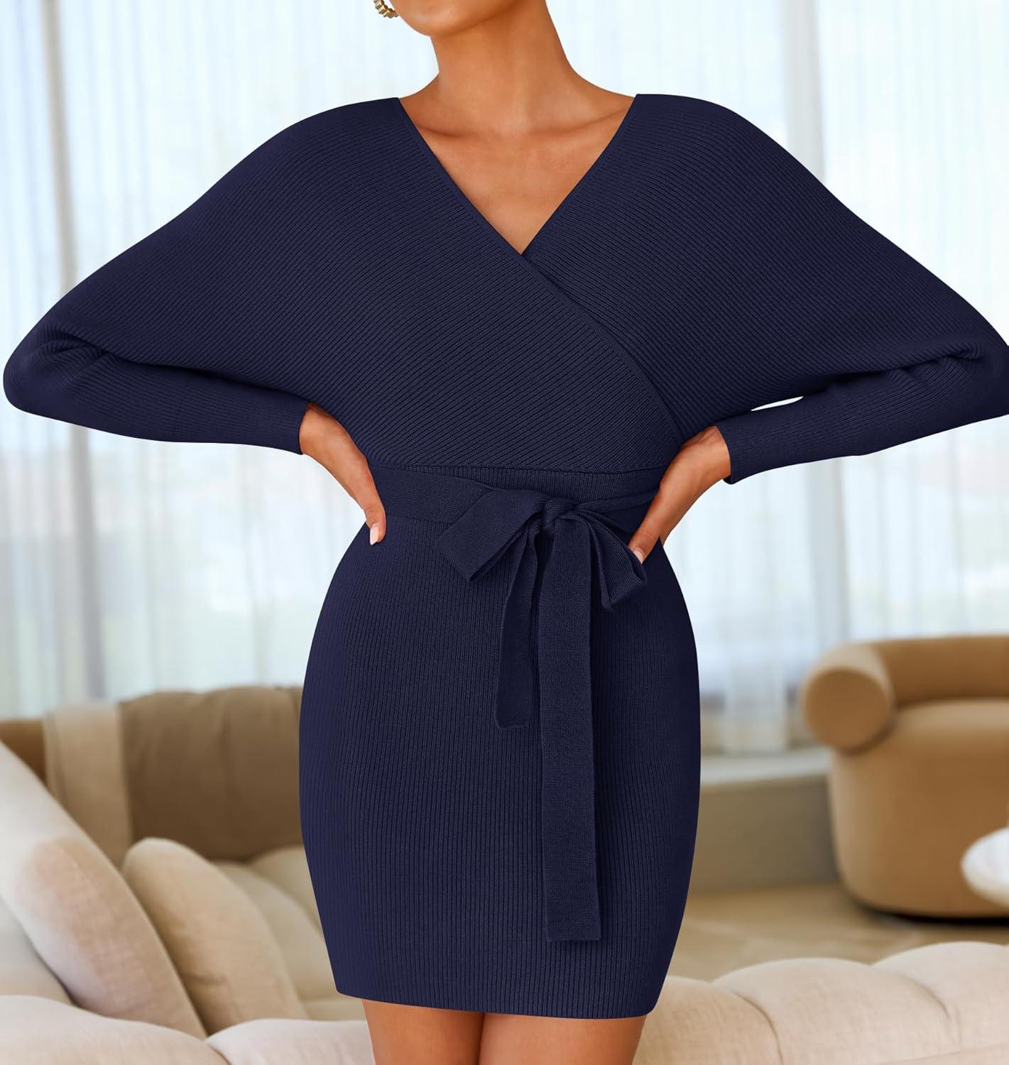 imageZESICA Womens Fall Long Batwing Sleeve Wrap V Neck Knitted Backless Bodycon Pullover Sweater Dress with BeltNavy