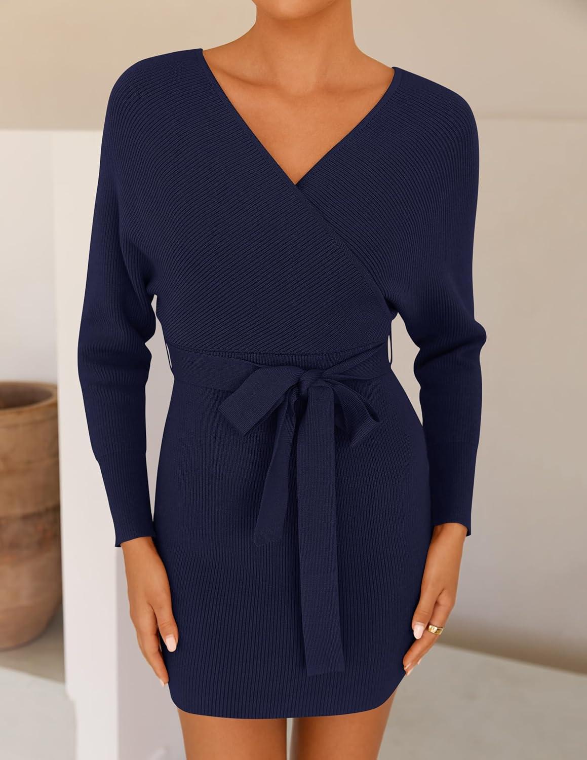 imageZESICA Womens Fall Long Batwing Sleeve Wrap V Neck Knitted Backless Bodycon Pullover Sweater Dress with BeltNavy