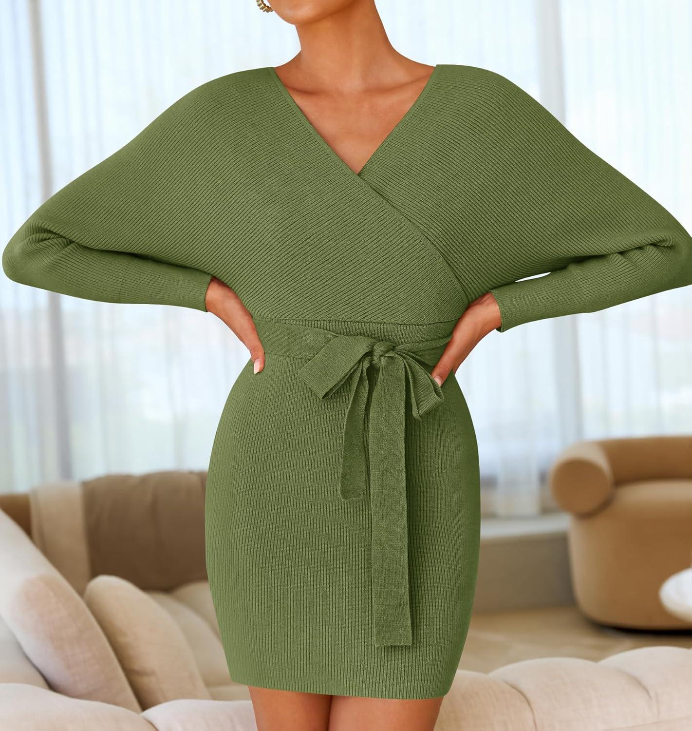 imageZESICA Womens Fall Long Batwing Sleeve Wrap V Neck Knitted Backless Bodycon Pullover Sweater Dress with BeltOlive