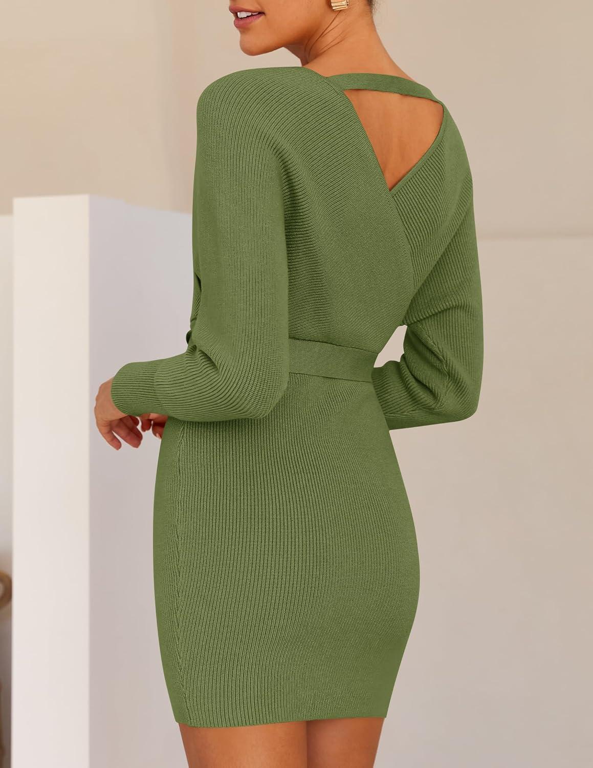 imageZESICA Womens Fall Long Batwing Sleeve Wrap V Neck Knitted Backless Bodycon Pullover Sweater Dress with BeltOlive