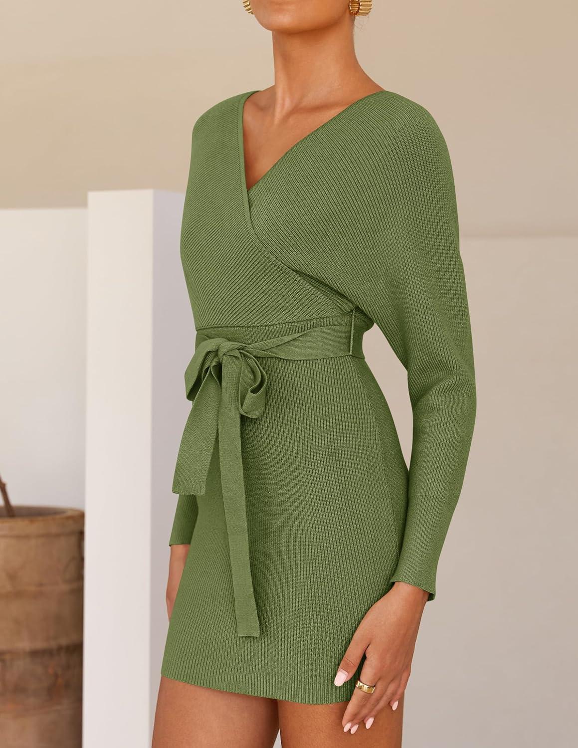 imageZESICA Womens Fall Long Batwing Sleeve Wrap V Neck Knitted Backless Bodycon Pullover Sweater Dress with BeltOlive